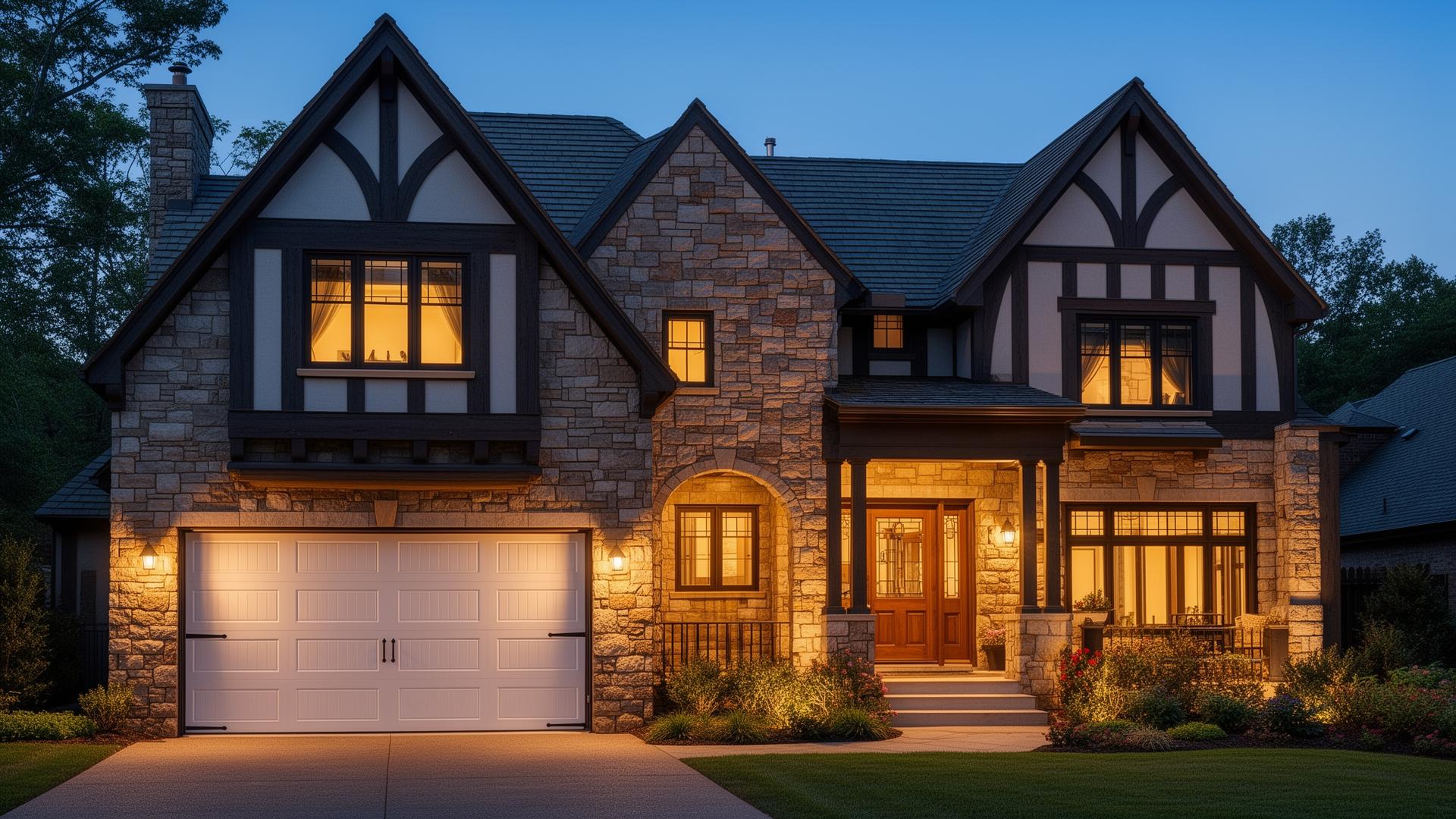 Beautiful Tudor style home with white raised panel garage door in Glastonbury CT